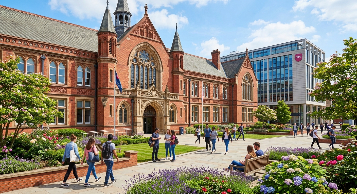 Nottingham Trent University City Campus featuring the historic Arkwright Building with ornate Victorian red brick facade, Newton Building in background, students walking through the modern plaza, landscaped gardens with flowering plants, sunny day