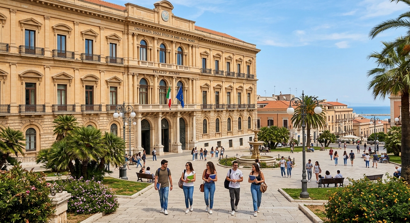 Historic Palazzo Ateneo building at University of Bari Aldo Moro with Mediterranean architecture, palm trees, and students walking through Piazza Umberto I in the sunny coastal city of Bari, Puglia, Italy