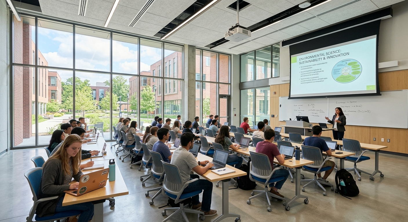 Modern college classroom interior with floor-to-ceiling windows, rows of desks with ergonomic chairs, projector screen, bright natural light, contemporary learning environment