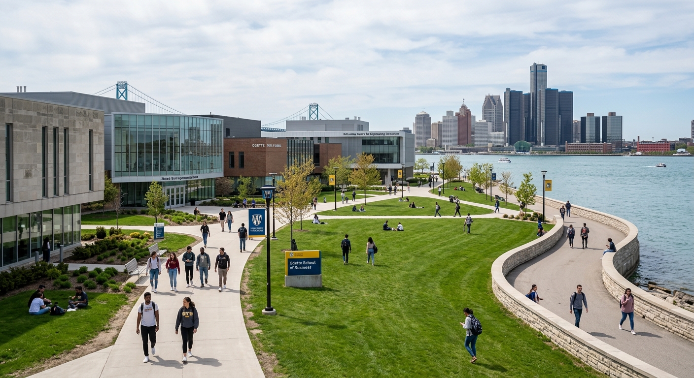 University of Windsor campus with modern academic buildings, green lawns, and students walking along pathways near the Detroit River, Windsor Ontario Canada