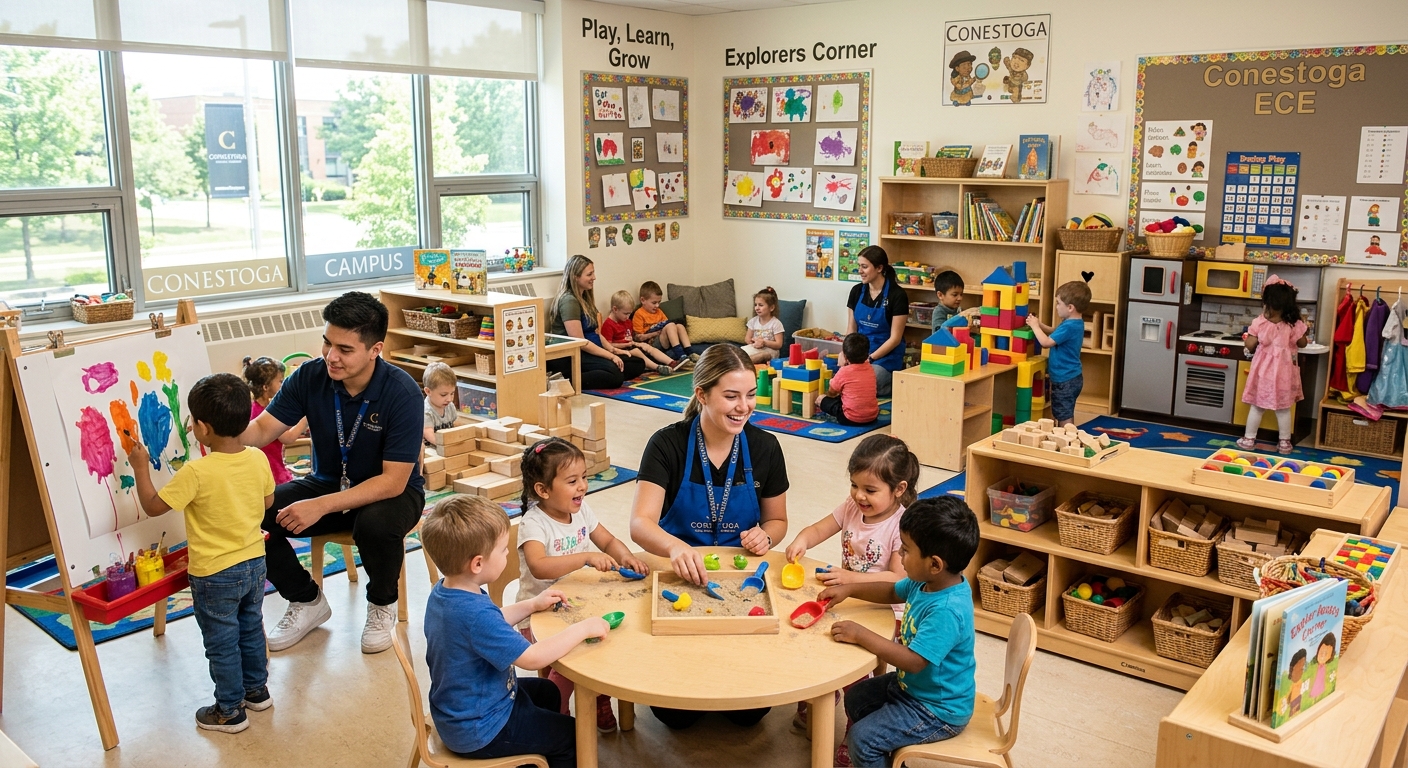 Bright and colorful early childhood education classroom at Conestoga College with student educators engaging young children in play-based learning activities, educational toys and art supplies visible, warm natural lighting