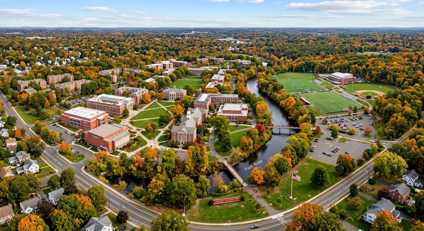 University of Hartford campus wide aerial view showing 350-acre suburban campus with red brick academic buildings, green lawns, wooded areas, and the Park River winding through the grounds, West Hartford Connecticut in autumn