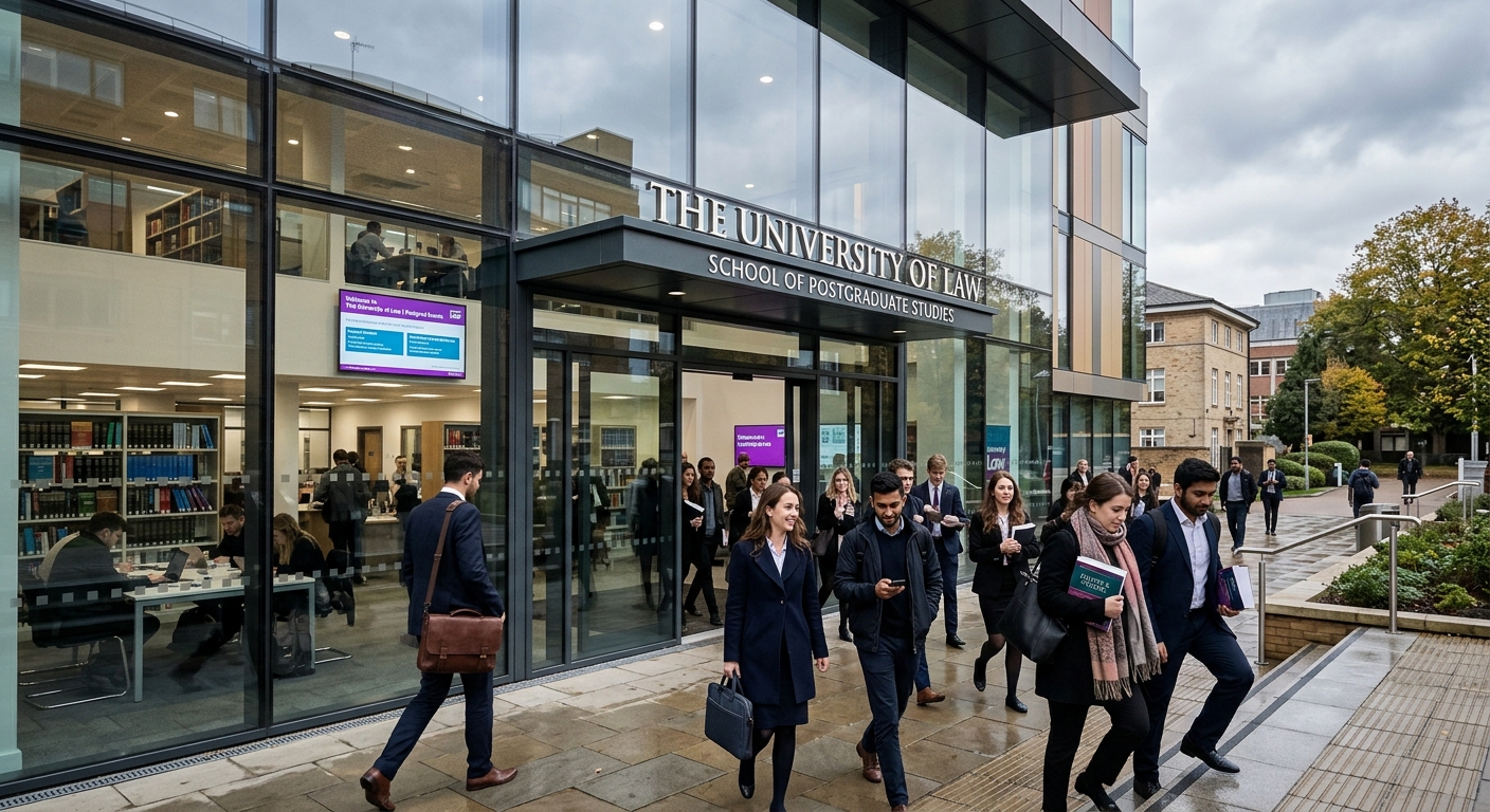 Modern University of Law campus building in the United Kingdom, professional postgraduate students walking through a contemporary glass-fronted law school entrance, with legal books and digital screens visible through windows, overcast British sky
