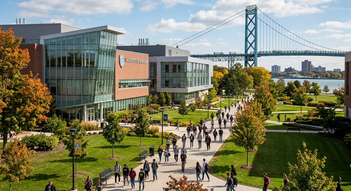 University of Windsor campus with modern academic buildings, green lawns, and students walking along tree-lined pathways in Windsor, Ontario, Canada, with the Ambassador Bridge visible in the background