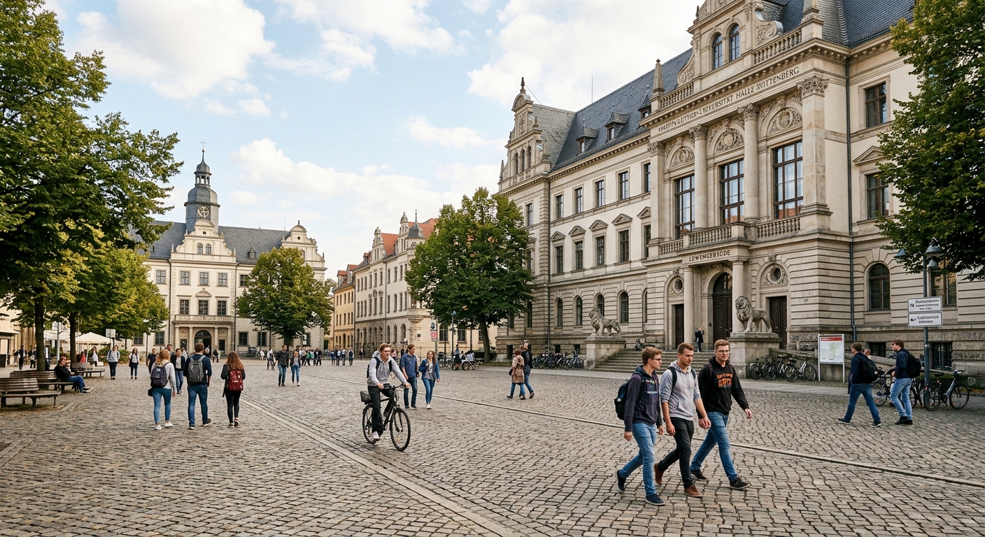 Historic University Square at Martin Luther University Halle-Wittenberg with classical architecture, cobblestone plaza, and students walking near the Löwengebäude building in Halle Saale Germany