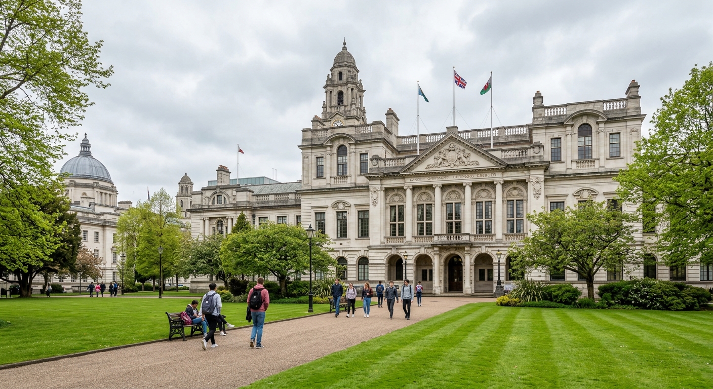 Cardiff University Main Building in Cathays Park, grand Portland stone facade with ornate architectural details, green lawns in foreground, civic centre buildings visible, overcast Welsh sky