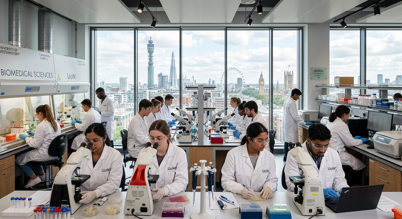 Modern university science laboratory at the University of Westminster Cavendish Campus in London, students in white lab coats working with microscopes and biomedical equipment, bright overhead lighting, glass windows overlooking central London skyline