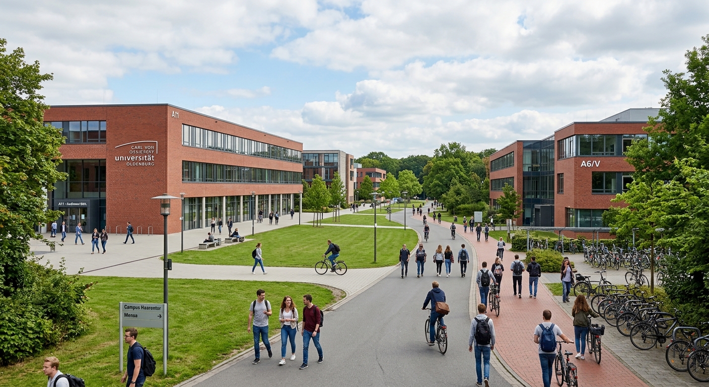 Carl von Ossietzky University of Oldenburg campus in Lower Saxony, Germany, featuring modern red-brick academic buildings surrounded by green lawns, bicycle paths, and students walking between lecture halls under a partly cloudy sky