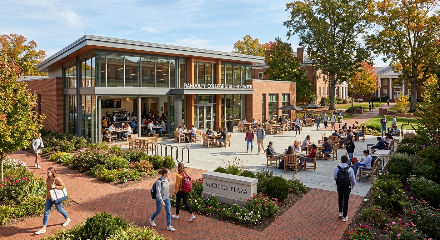 Randolph College Student Center with modern interior, students socializing in Michels Plaza, outdoor seating area with brick pathways and landscaping