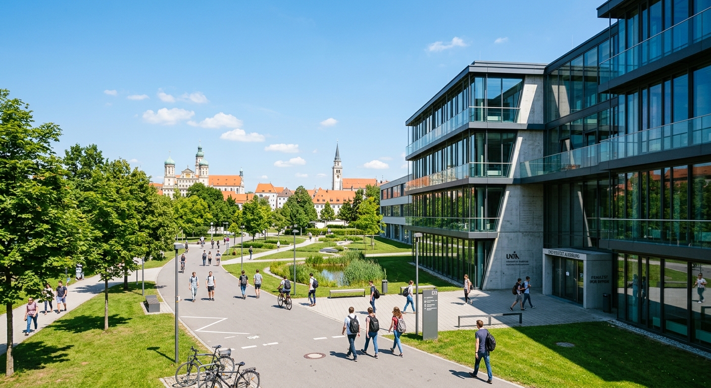 Modern University of Augsburg campus with contemporary glass and concrete physics building, green lawns, students walking along tree-lined pathways, Bavarian architecture visible in the background under a clear blue sky