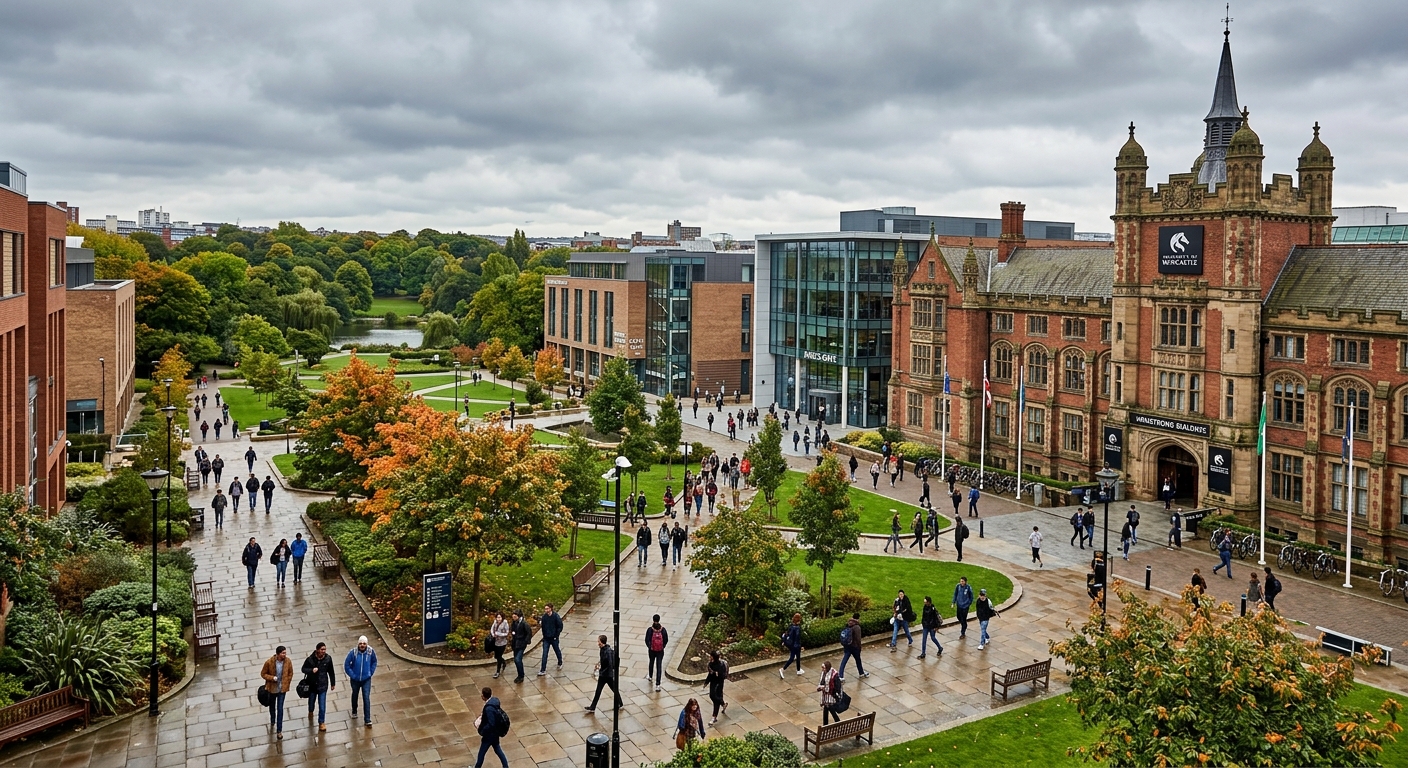 Newcastle University campus wide shot showing the historic Armstrong Building and modern academic buildings, with Leazes Park greenery visible in the background, overcast English sky, students walking across the quad