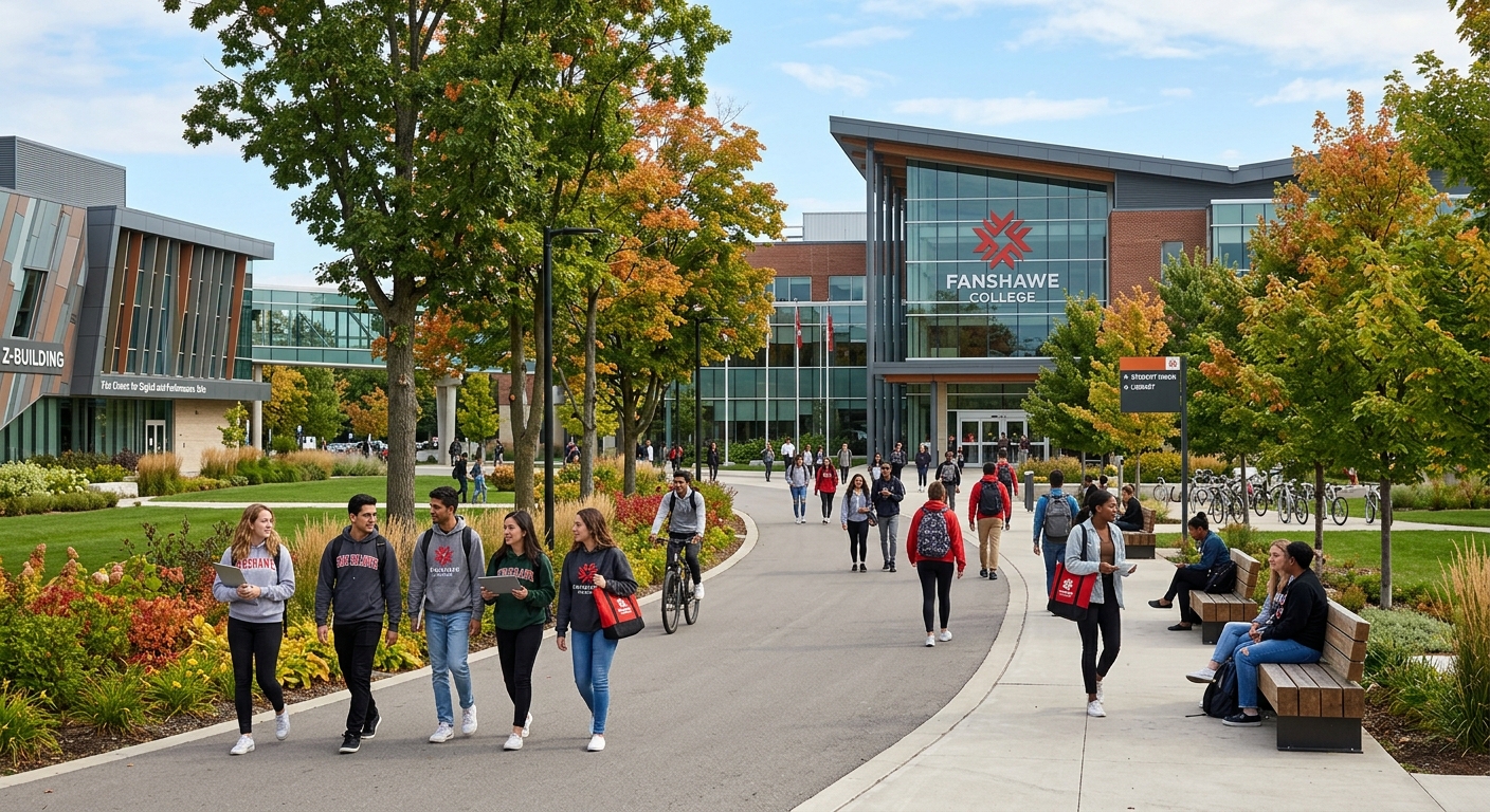 Modern Fanshawe College campus building in London Ontario with students walking along tree-lined pathways, contemporary architecture, Canadian college setting with green landscaping
