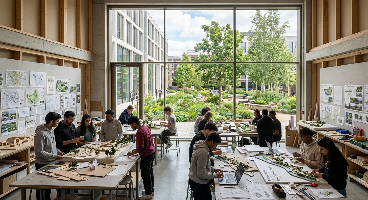 Kingston University Knights Park campus with modern architecture studios designed by Haworth Tompkins, students working on landscape design models in a bright creative studio environment, green landscaped courtyard visible through large windows