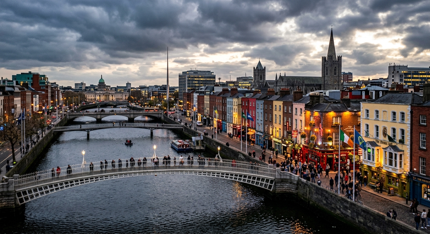 Dublin city skyline along the River Liffey, Ha'penny Bridge in foreground, colourful Georgian buildings, Temple Bar area, overcast sky with dramatic light