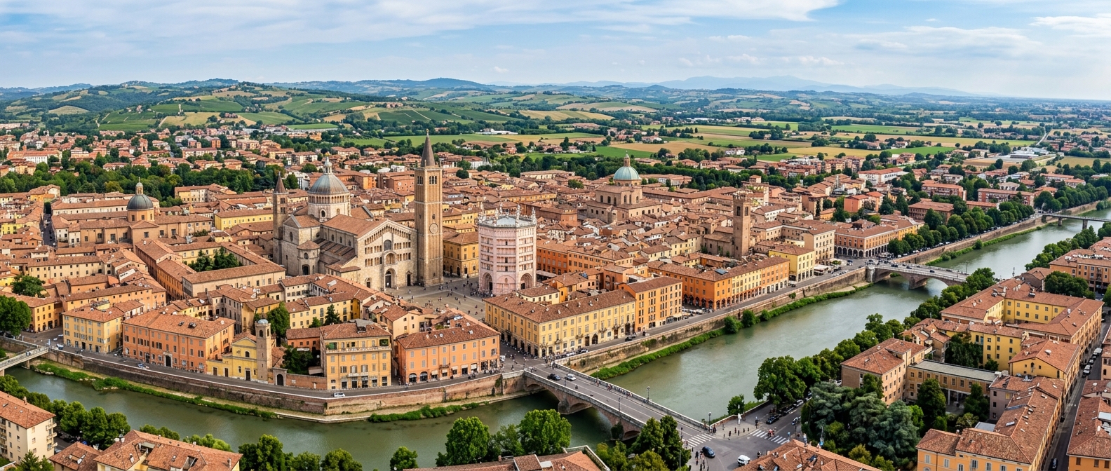 Panoramic view of Parma city center, Romanesque cathedral dome and baptistery, colorful Italian buildings, Parma river, Emilia-Romagna countryside in background