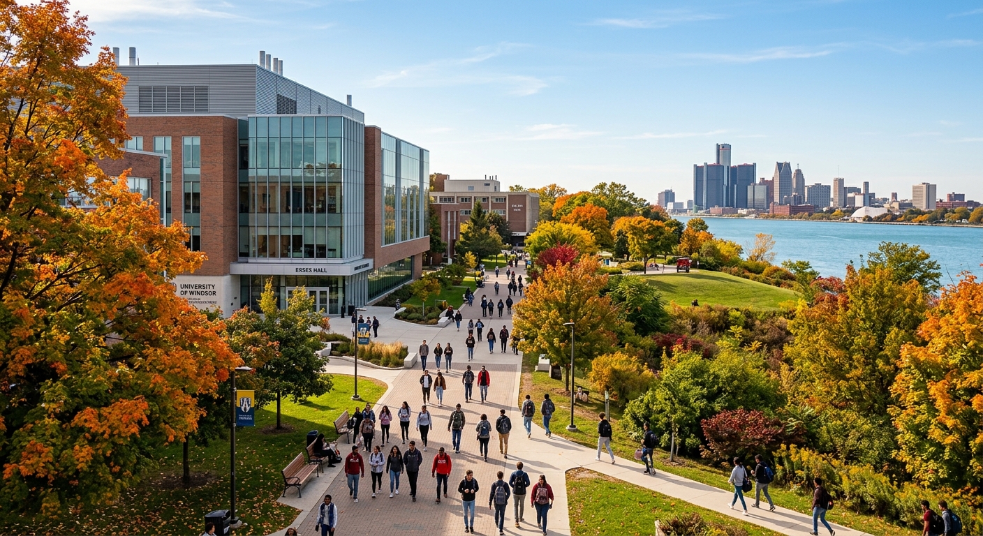 University of Windsor campus with modern science building, students walking along tree-lined pathways, Detroit River visible in background, bright autumn day in Windsor Ontario Canada