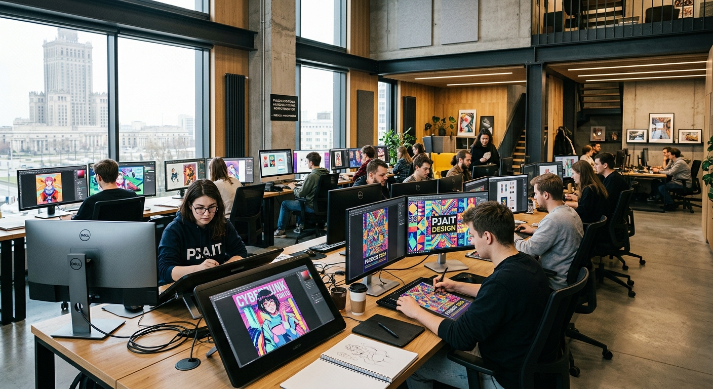 Modern creative studio at Polish-Japanese Academy of Information Technology in Warsaw, students working on digital art projects using large monitors and drawing tablets, colorful graphic design work displayed on screens, contemporary interior with industrial design elements and natural light