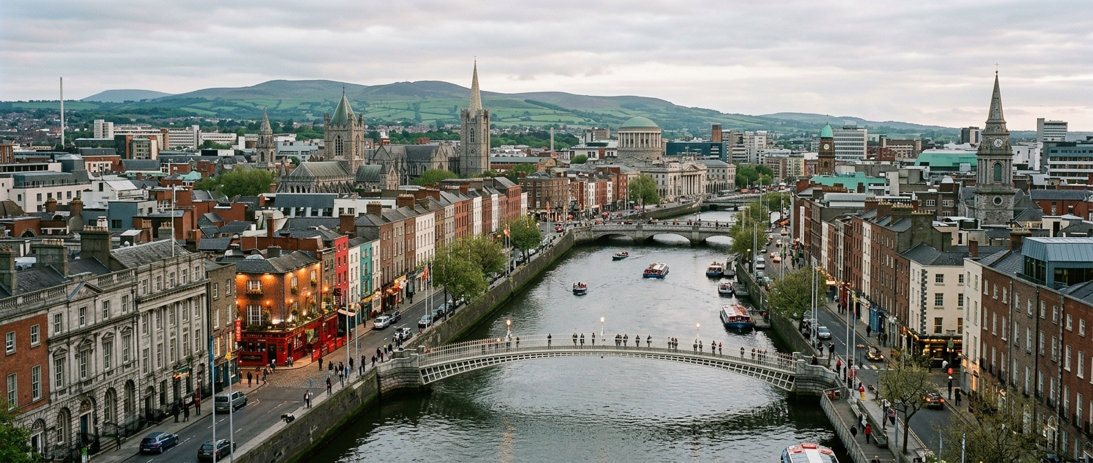 Dublin city skyline panorama, River Liffey flowing through the centre, Ha'penny Bridge, Georgian architecture, Temple Bar area, green hills in background, soft overcast Irish sky