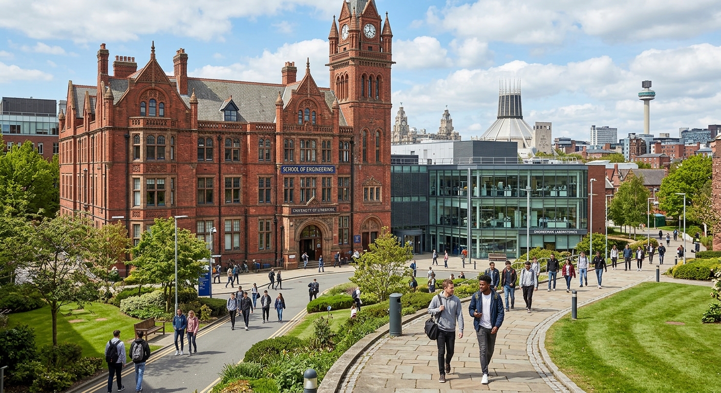University of Liverpool School of Engineering campus, red brick Victorian building with modern engineering laboratories, students walking on green campus grounds under blue sky, Liverpool cityscape in background