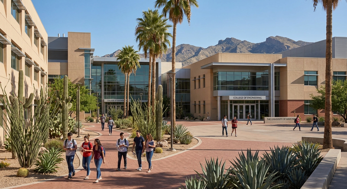 University of Arizona College of Engineering building in Tucson with desert landscape, modern research facilities, clear blue sky, and students walking along palm-tree-lined pathways