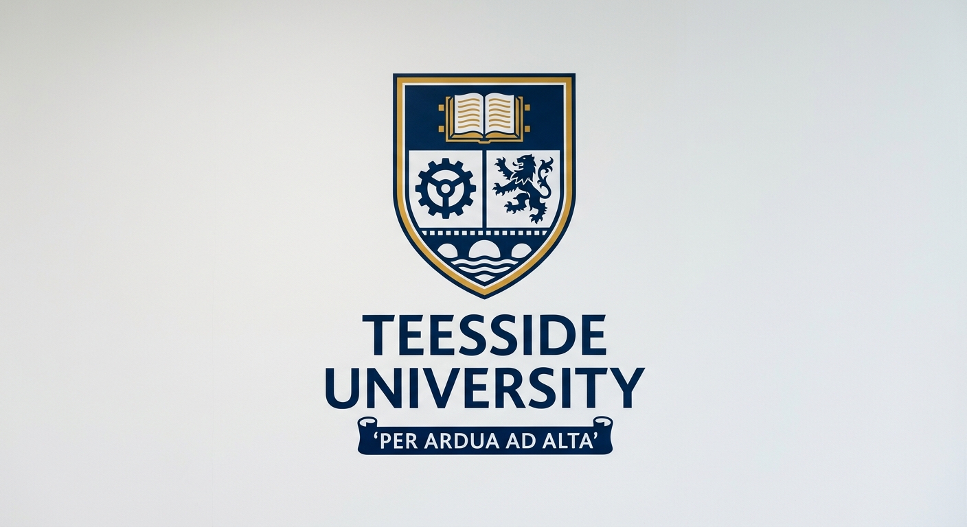 Teesside University official logo, shield emblem with the university name in dark blue text on white background