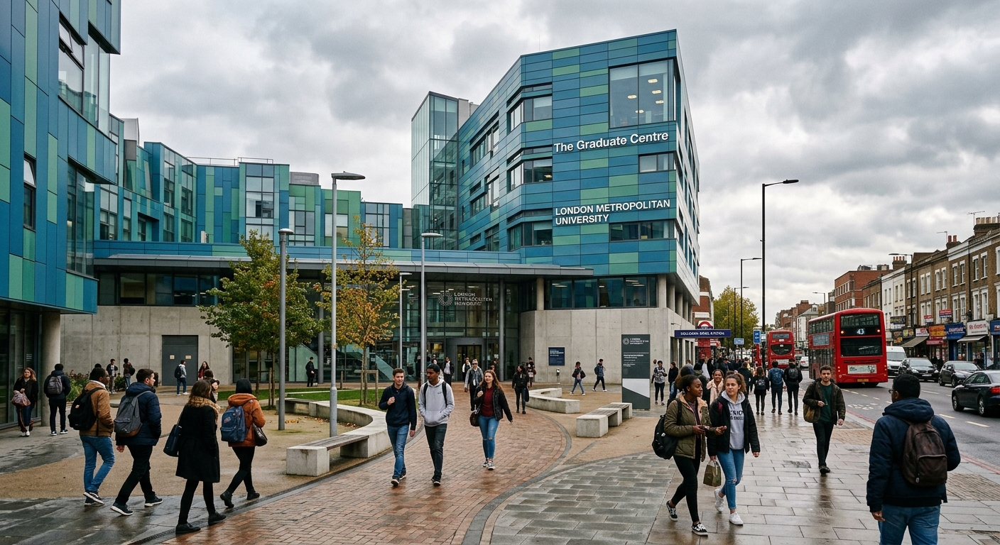 London Metropolitan University Holloway campus building exterior with modern architecture, students walking through courtyard, overcast London sky, urban university setting in North London
