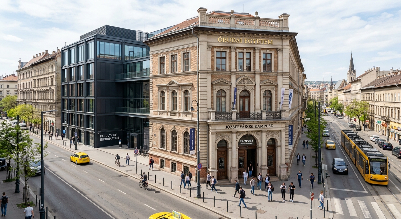 Obuda University Jozsefvaros campus building, historic European architecture blended with modern renovations, busy urban street, students entering building, Budapest cityscape