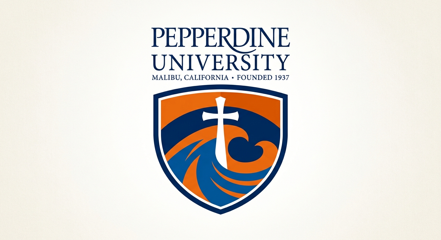 Pepperdine University official logo, blue and orange shield emblem with stylized waves and cross, university name in serif font