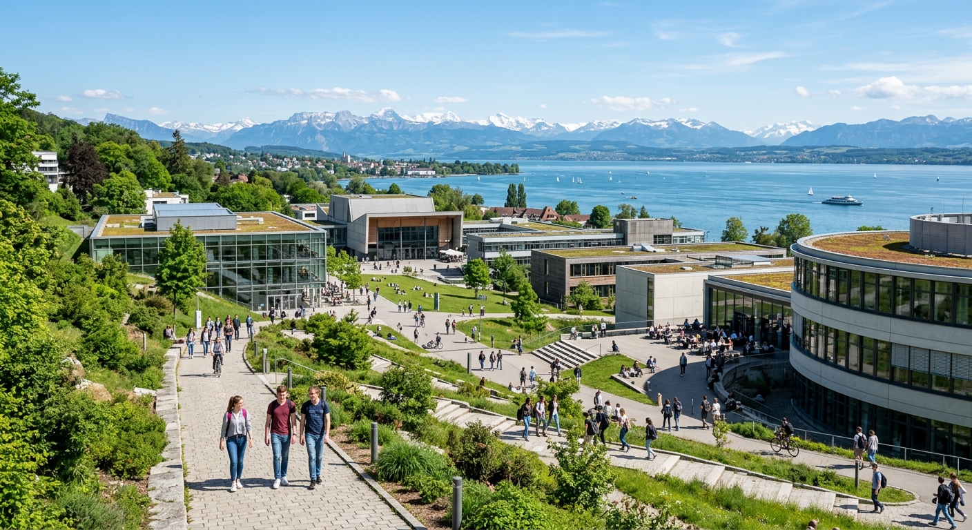 Modern university campus on a green hillside overlooking Lake Constance in southern Germany, with contemporary architecture, students walking between buildings, clear blue sky and alpine landscape in the background