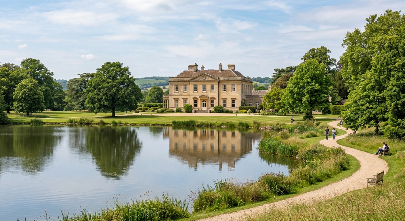 Newton Park campus main house, a grand 18th-century Grade I listed building set in landscaped parkland with green lawns, mature trees and a lake in the foreground