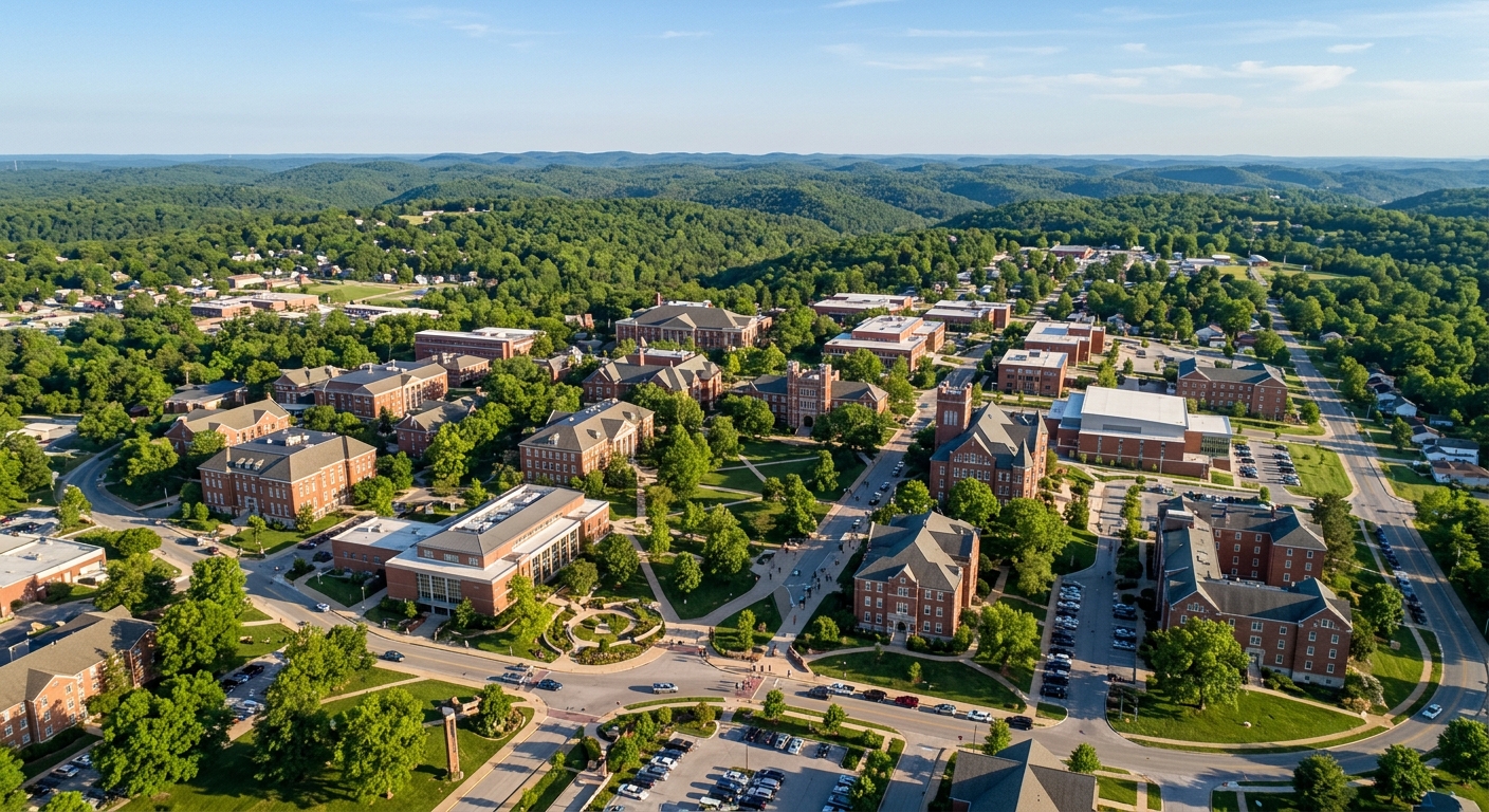 Aerial view of Missouri University of Science and Technology campus in Rolla Missouri, red brick academic buildings surrounded by green trees, Ozark hills in background, clear blue sky, warm afternoon light