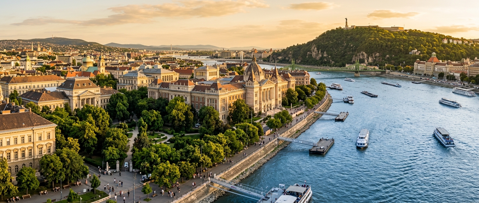 Panoramic view of Budapest University of Technology and Economics campus along the Danube River, historic neoclassical university buildings with green parks, Gellért Hill in background, warm golden hour lighting