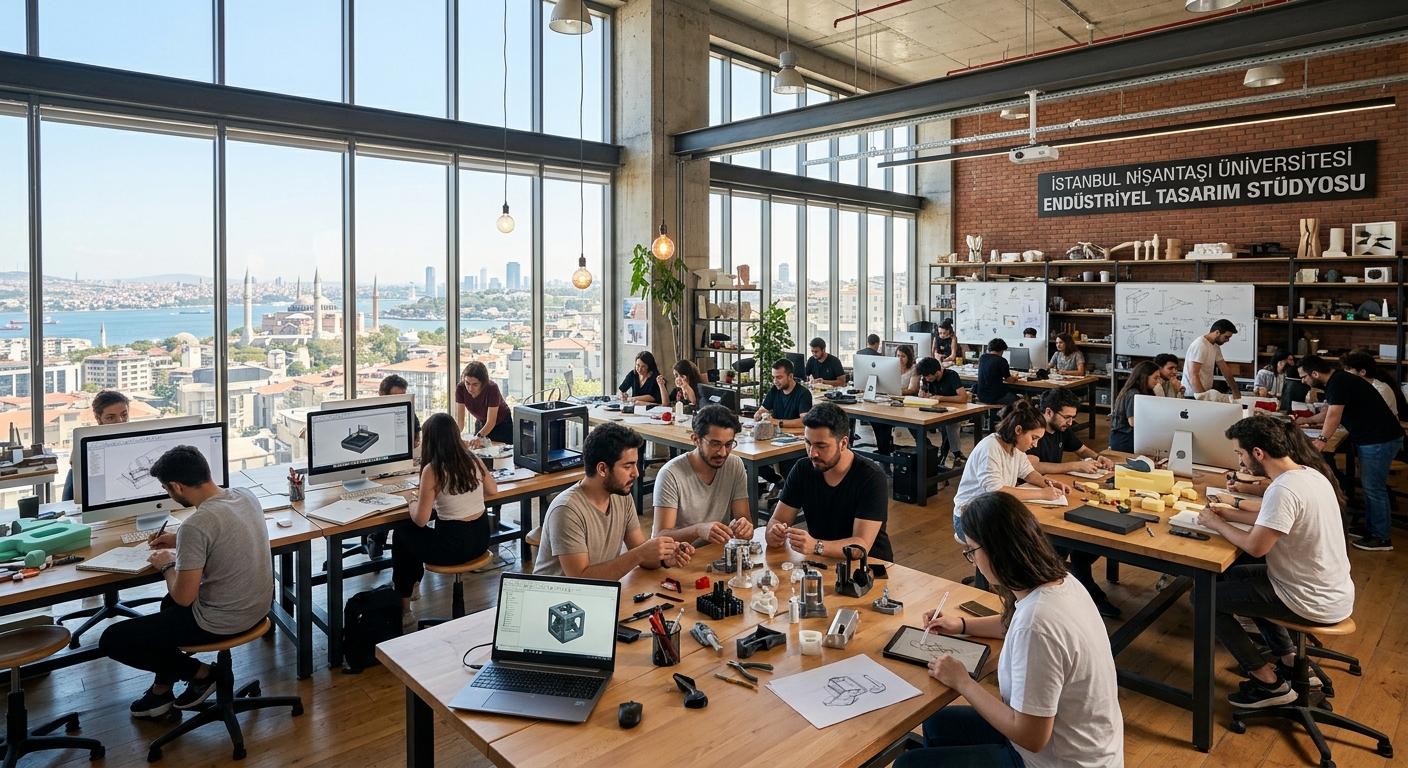 Modern industrial design studio at Istanbul Nisantasi University with students working on product prototypes, 3D models, and sketches, bright open workspace with large windows overlooking Istanbul skyline