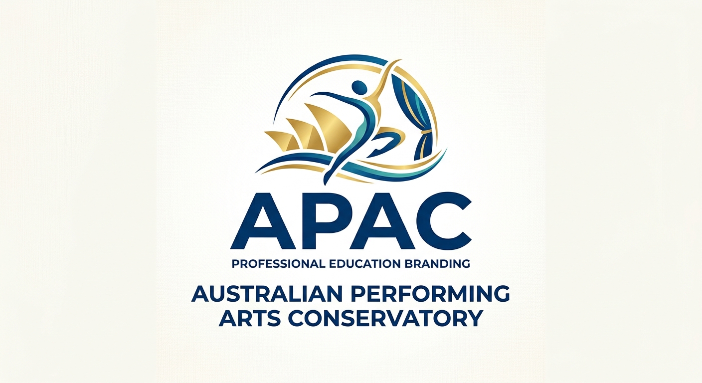 Australian Performing Arts Conservatory APAC official logo, stylized text with performing arts motif, professional education branding