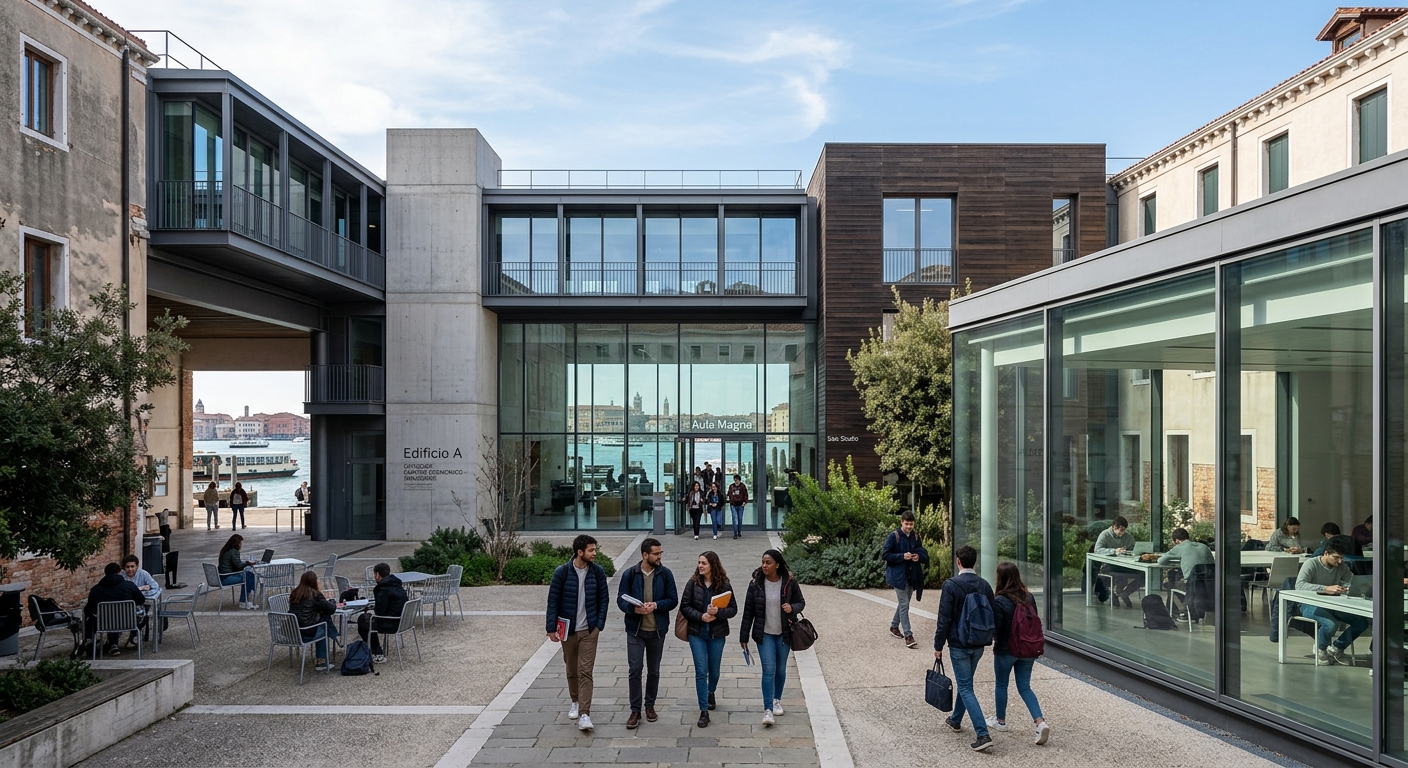 Ca' Foscari University San Giobbe Economic Campus, modern lecture halls and study spaces, students walking through courtyard, contemporary Italian university architecture