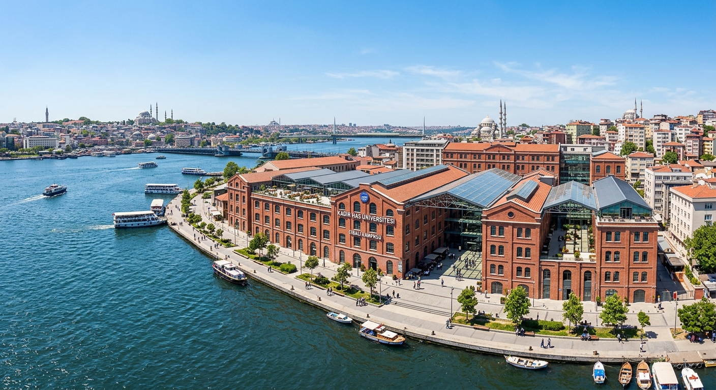 Kadir Has University Cibali campus wide shot along the Golden Horn waterfront in Fatih Istanbul, historic restored tobacco factory building with red brick facades, sunny atria, and modern extensions, Golden Horn water visible in foreground, clear blue sky