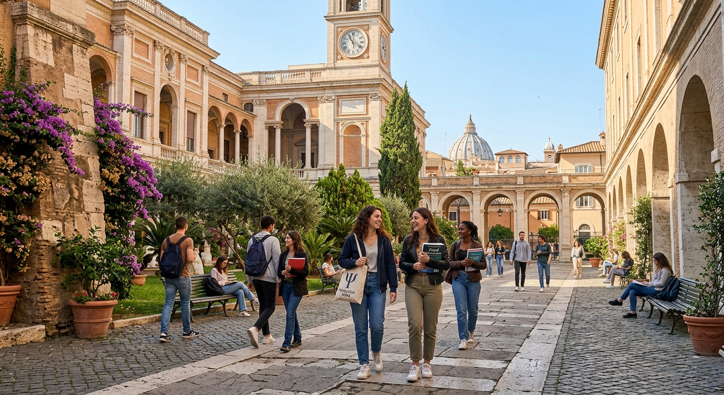 Modern university campus in Rome with classical Italian architecture, psychology students walking through a sunlit courtyard, Mediterranean greenery and historic buildings in the background