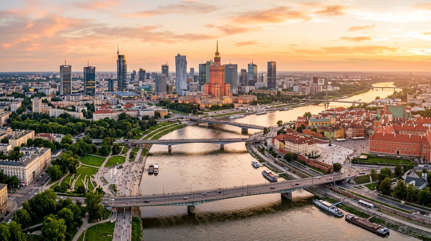 Warsaw Poland cityscape panorama, Vistula River, modern skyscrapers alongside historic Old Town, Palace of Culture and Science, green parks, golden hour lighting