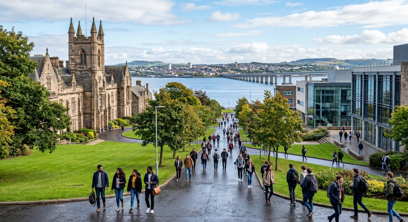 University of Dundee campus with historic stone buildings and modern facilities, green lawns and trees, students walking along pathways in Dundee, Scotland, with the River Tay visible in the background