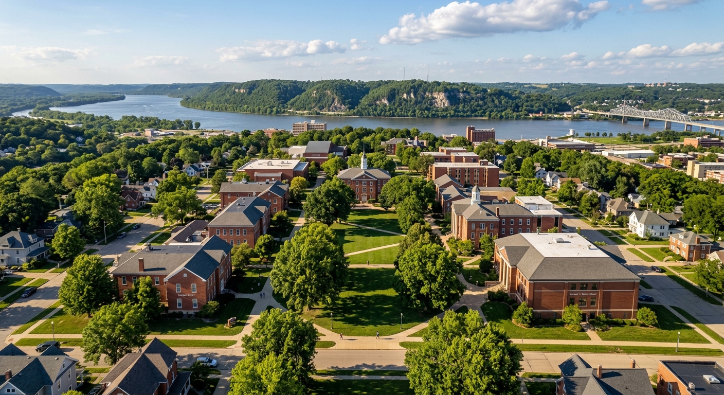 University of Dubuque campus aerial view showing historic brick buildings, green lawns, and tree-lined walkways in Dubuque Iowa with the Mississippi River bluffs in the background