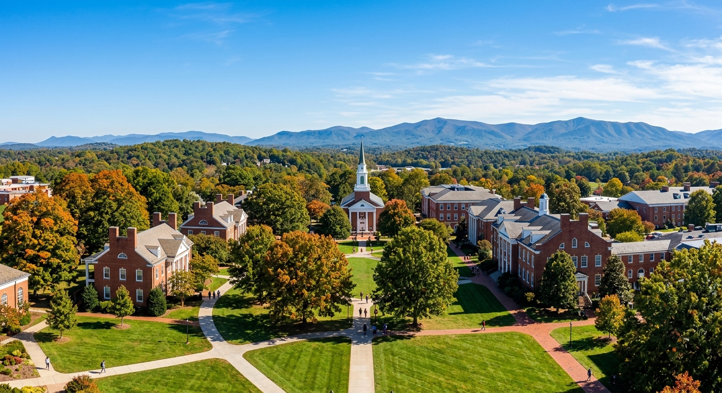 University of Lynchburg campus wide shot showing red brick Georgian-style buildings set among green lawns and mature oak trees with the Blue Ridge Mountains visible in the background under a clear blue sky