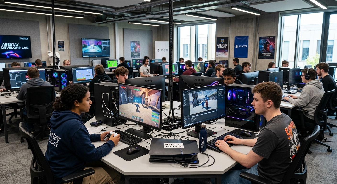 Abertay University computer games development lab, students working at high-end workstations, PlayStation 5 development kits, colourful screens showing game prototypes, modern tech environment