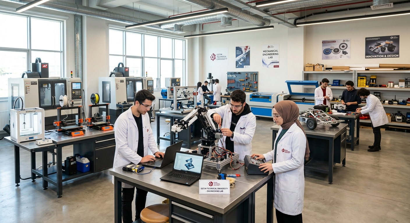 Interior of OSTIM Technical University engineering laboratory with advanced equipment, students working on mechanical prototypes, bright modern lab environment
