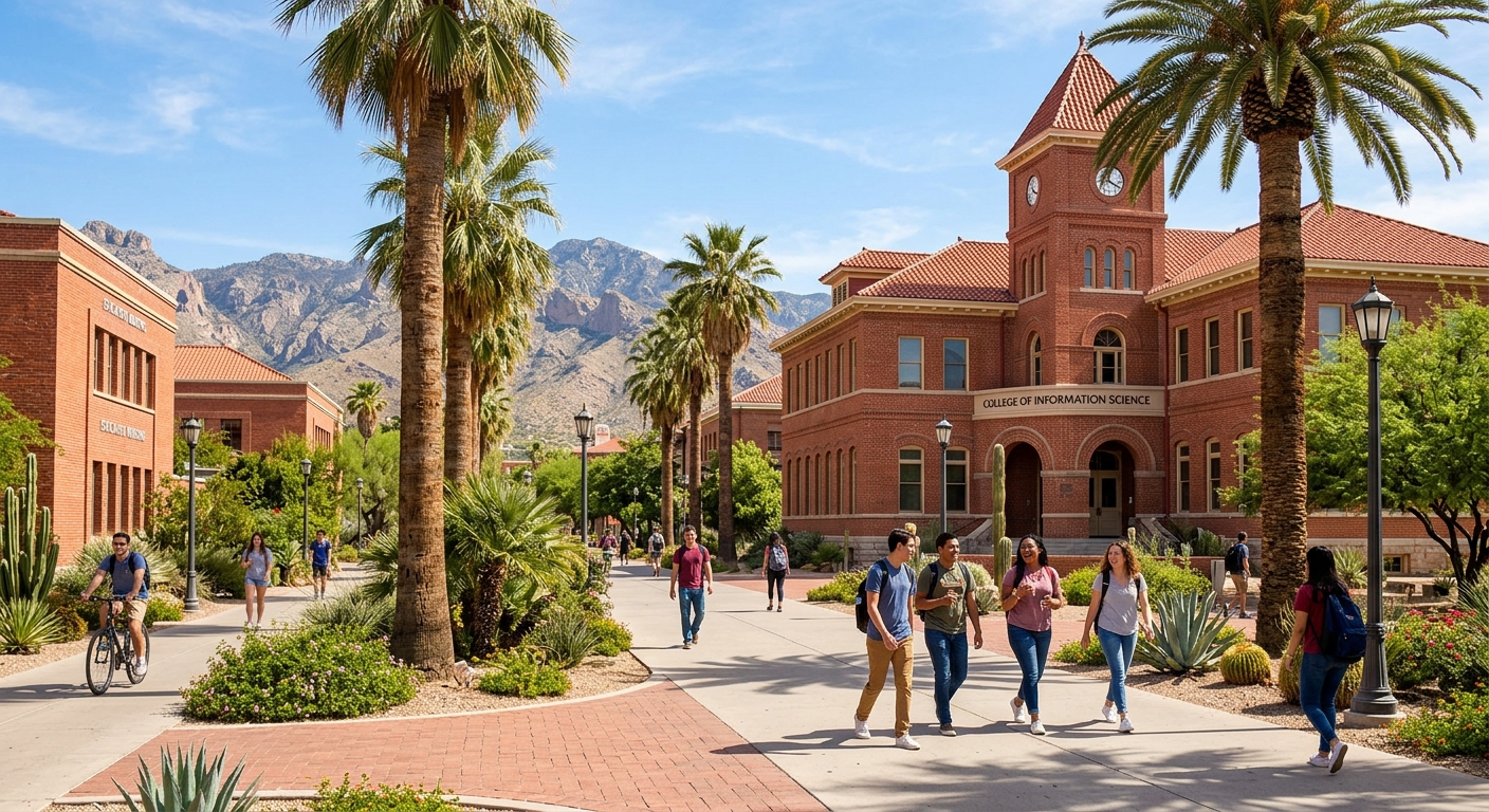 University of Arizona campus in Tucson with red brick buildings, palm trees, desert mountain backdrop, students walking on sunlit pathways near the College of Information Science building