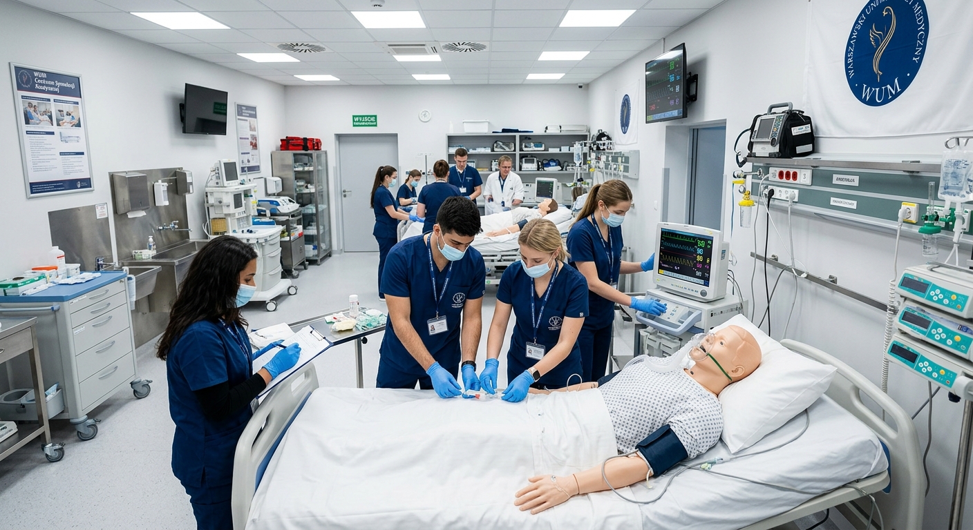 Medical Simulation Center at Medical University of Warsaw, high-tech simulation mannequins, modern clinical training room, students practicing procedures, bright clinical lighting