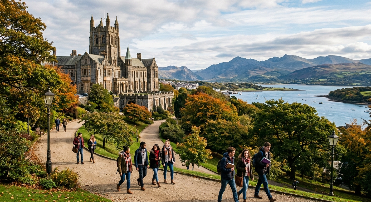 Historic Bangor University campus building with stone architecture set against the dramatic backdrop of Snowdonia mountains and the Menai Strait in North Wales, students walking along tree-lined pathways