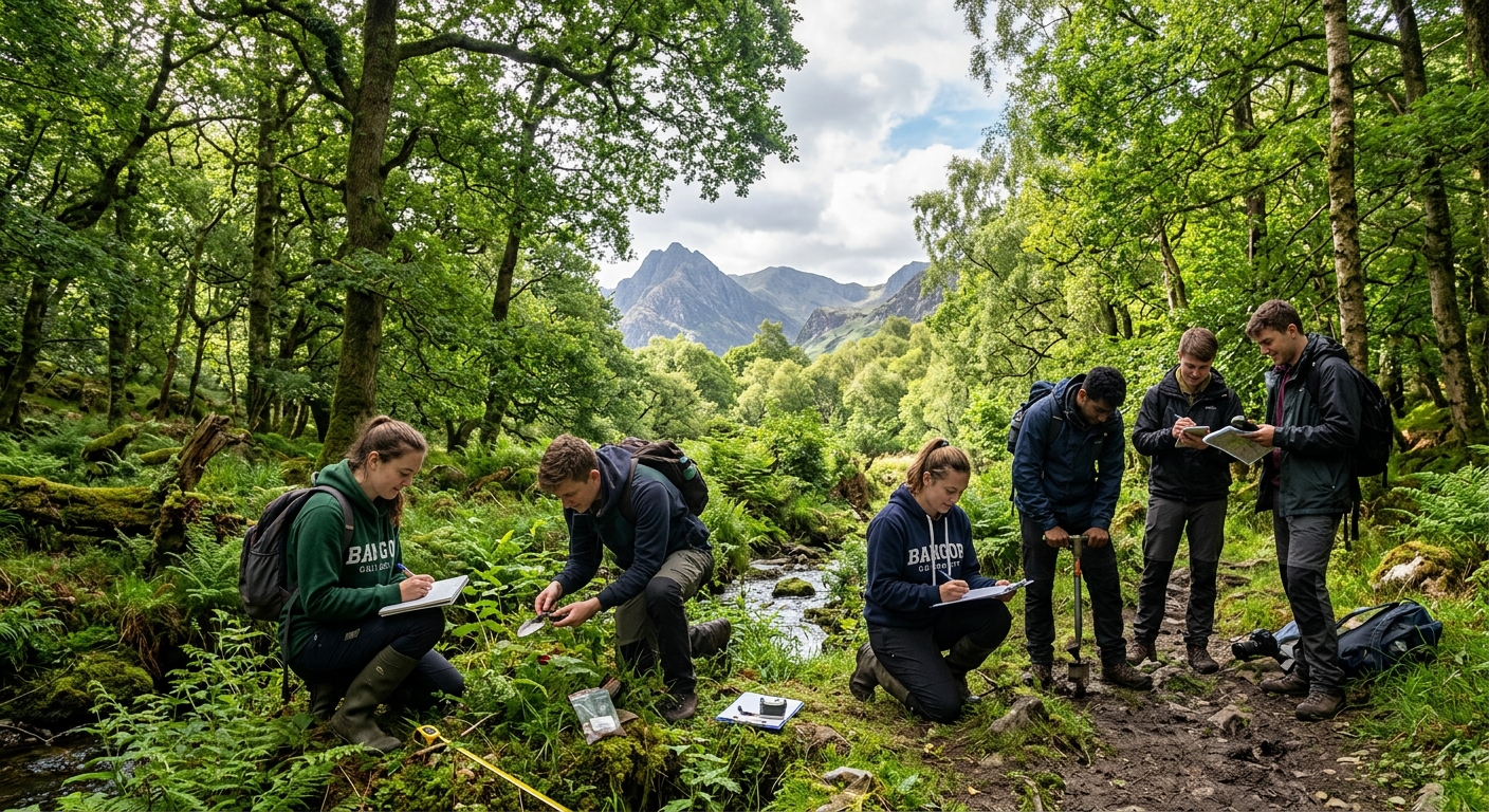 Lush green forest canopy in Snowdonia National Park near Bangor University, with students conducting fieldwork among ancient woodland, mountains visible in the background under a partly cloudy sky