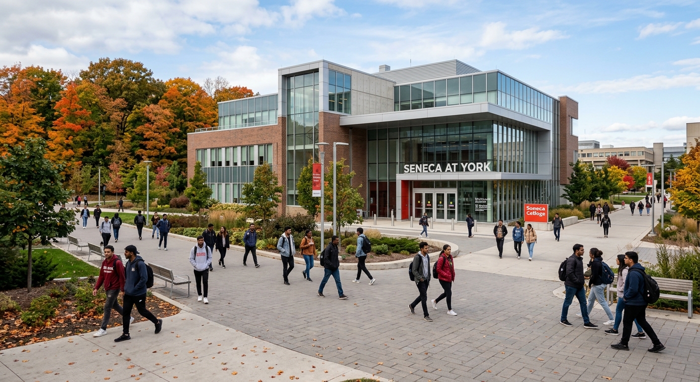 Seneca at York Campus building on York University grounds, modern institutional architecture, students on walkways, autumn trees in background