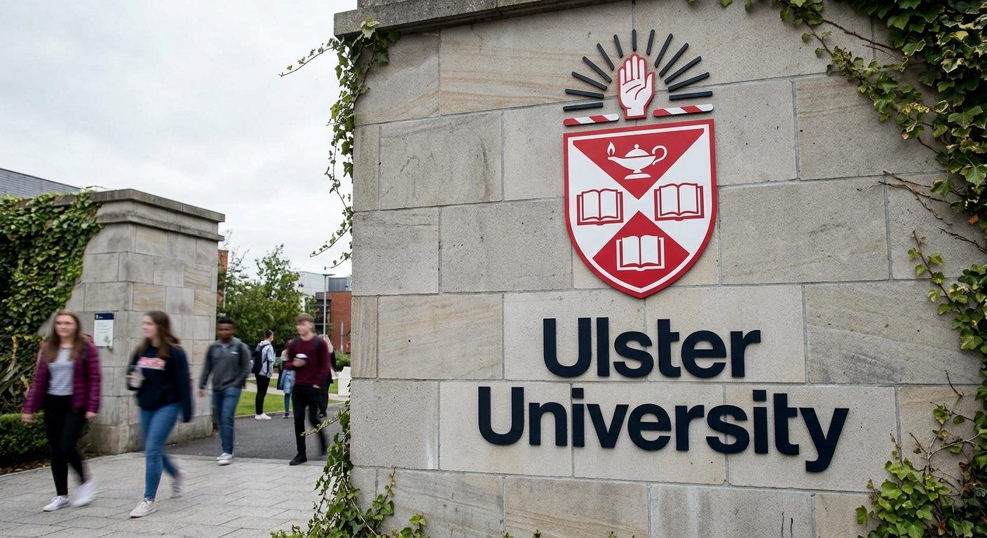 Ulster University official logo, red and white shield emblem with the text Ulster University in bold modern typeface
