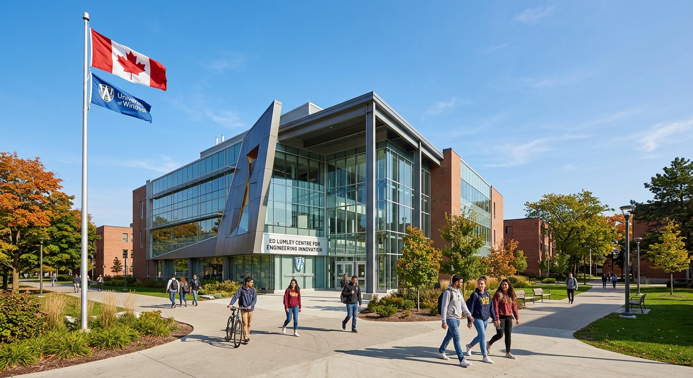 Ed Lumley Centre for Engineering Innovation at the University of Windsor, modern glass and steel building with students walking on campus pathways, Canadian flag visible, clear sky